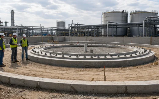 Circular concrete ring foundation and anchor bolts prepared for an above-ground storage tank