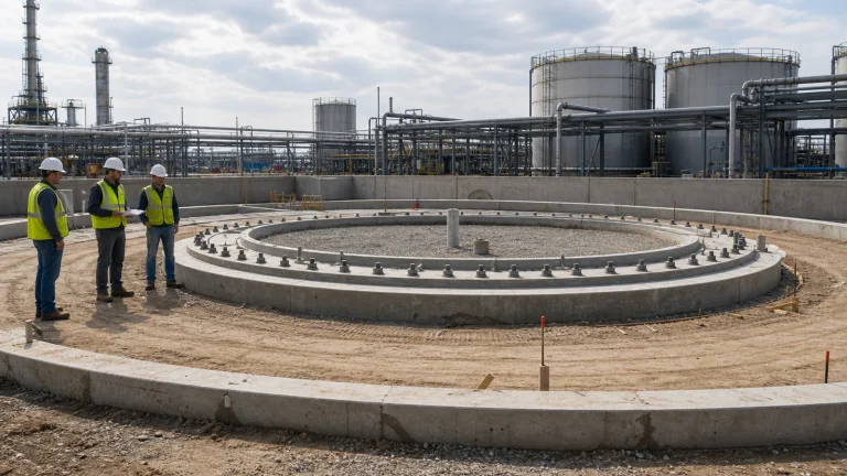 Circular concrete ring foundation and anchor bolts prepared for an above-ground storage tank