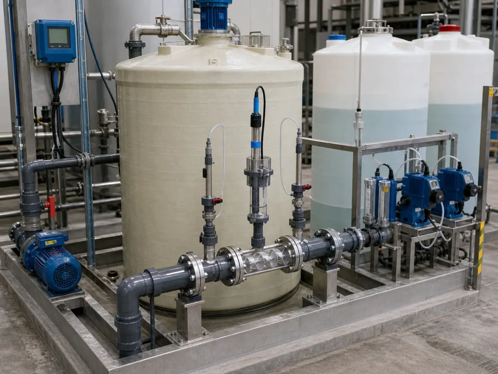 Engineers reviewing pH neutralization controls with acid and caustic metering pumps, calibration buffer bottles, pH transmitter, control cabinet, emergency shower, and chemical containment