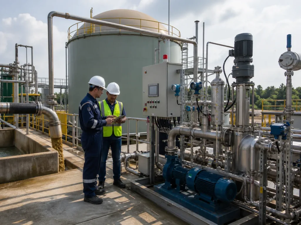 Engineers reviewing piping, pumps, valves, instruments, and control equipment during anaerobic digester commissioning