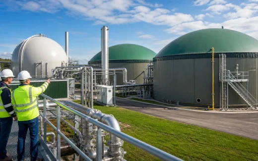 Modern biogas anaerobic digestion facility with domed digesters, gas holder, process piping, and engineers inspecting the plant