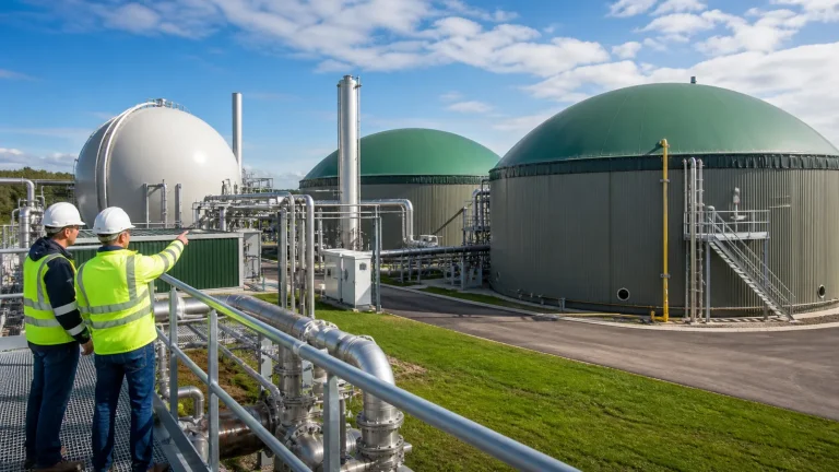 Modern biogas anaerobic digestion facility with domed digesters, gas holder, process piping, and engineers inspecting the plant