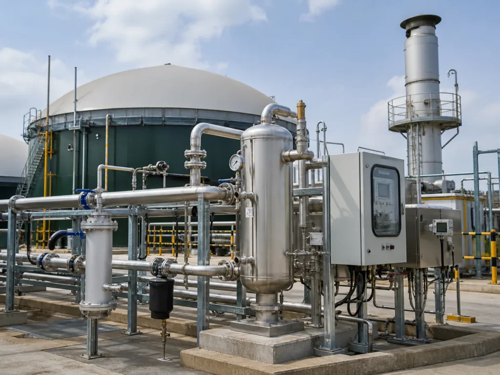 Biogas gas handling skid with stainless piping, condensate removal, desulfurization vessel, instruments, and enclosed flare equipment