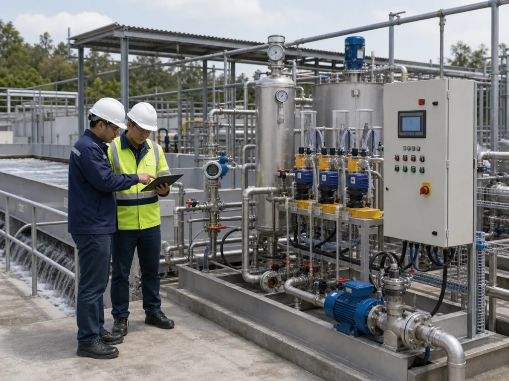 Engineers reviewing coagulant dosing pumps, polymer system, recycle pump, saturation vessel, pressure gauges, and DAF control cabinet