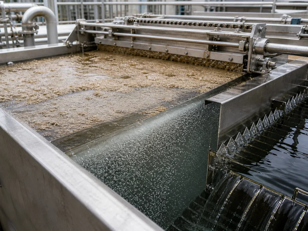 Close view of dissolved air flotation microbubbles lifting floc and oil solids to the surface with sludge skimmer and outlet weir