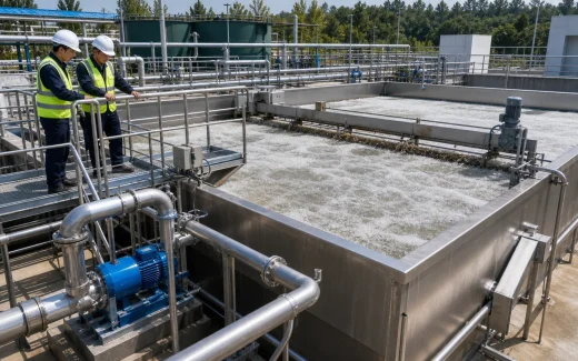 Industrial dissolved air flotation DAF unit with white flotation surface, recycle piping, access walkway, and engineers inspecting the pretreatment system