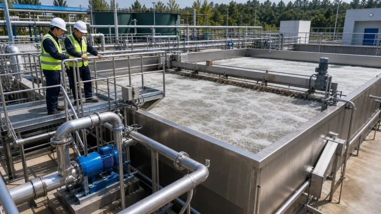 Industrial dissolved air flotation DAF unit with white flotation surface, recycle piping, access walkway, and engineers inspecting the pretreatment system