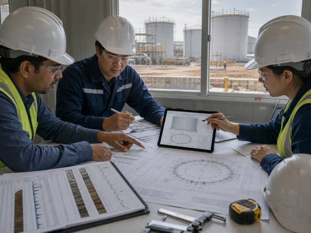 EPC engineers coordinating geotechnical data, tank drawings, and foundation layout before procurement
