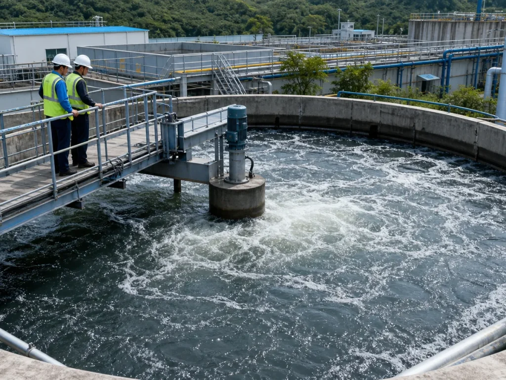 Engineers reviewing level instruments, flow meters, dosing pipework, and control equipment beside a wastewater equalization tank