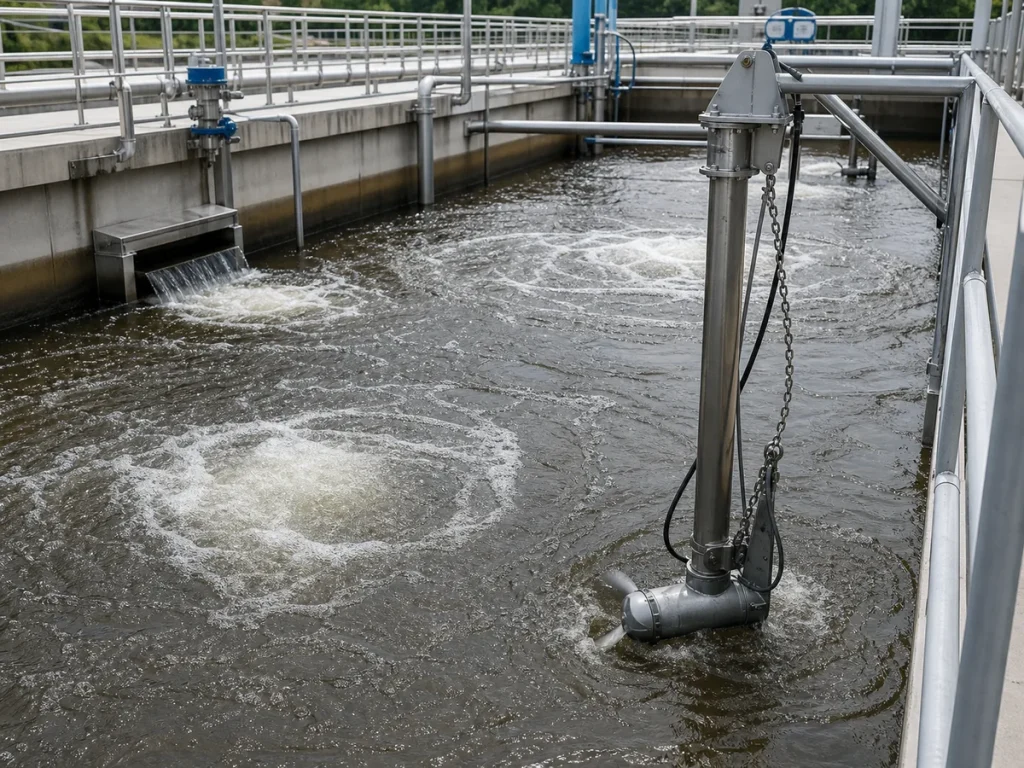 Industrial wastewater equalization tank with surface turbulence, mixer, aeration bubbles, inlet flow, and process piping