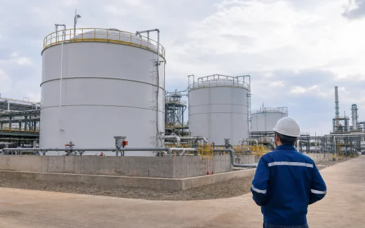 Industrial storage tanks with pipe racks and an engineer inspecting the site
