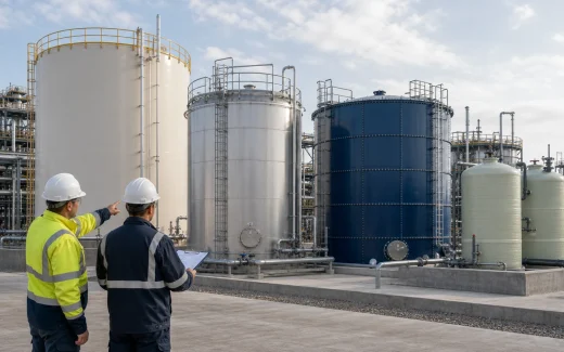 Engineers comparing painted steel, stainless steel, bolted steel, and FRP industrial storage tanks