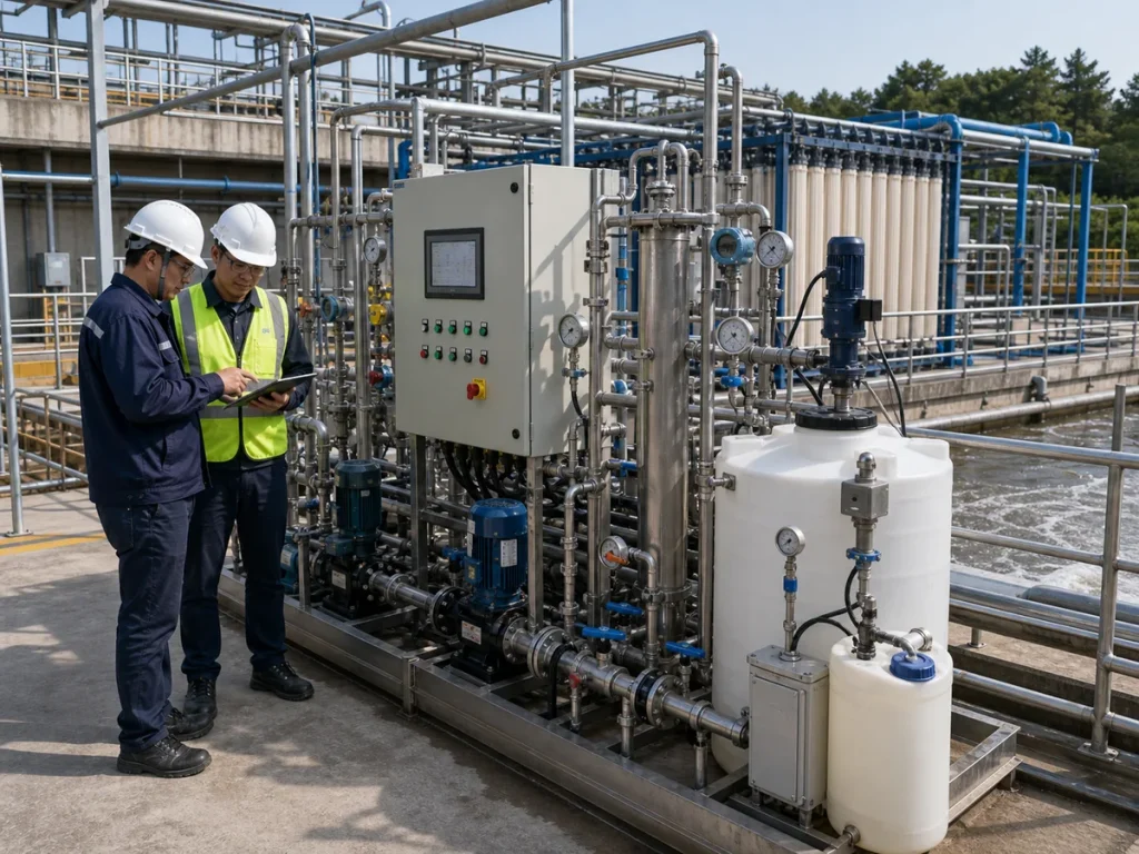 Engineers reviewing MBR clean-in-place skid, permeate pumps, backwash piping, chemical cleaning tank, flow meters, pressure gauges, and control cabinet