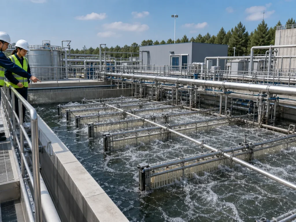 Submerged MBR membrane modules in an aeration basin with fine bubble scouring, permeate headers, access grating, and process piping