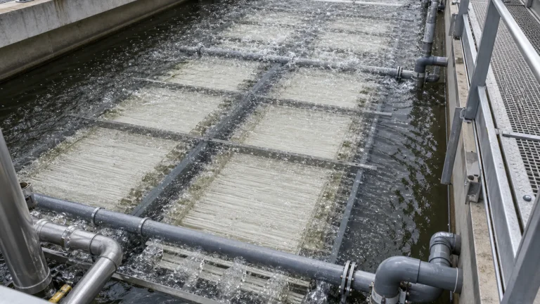 Industrial membrane bioreactor MBR wastewater treatment basin with submerged membrane racks, fine bubble aeration, permeate piping, and engineers inspecting the system