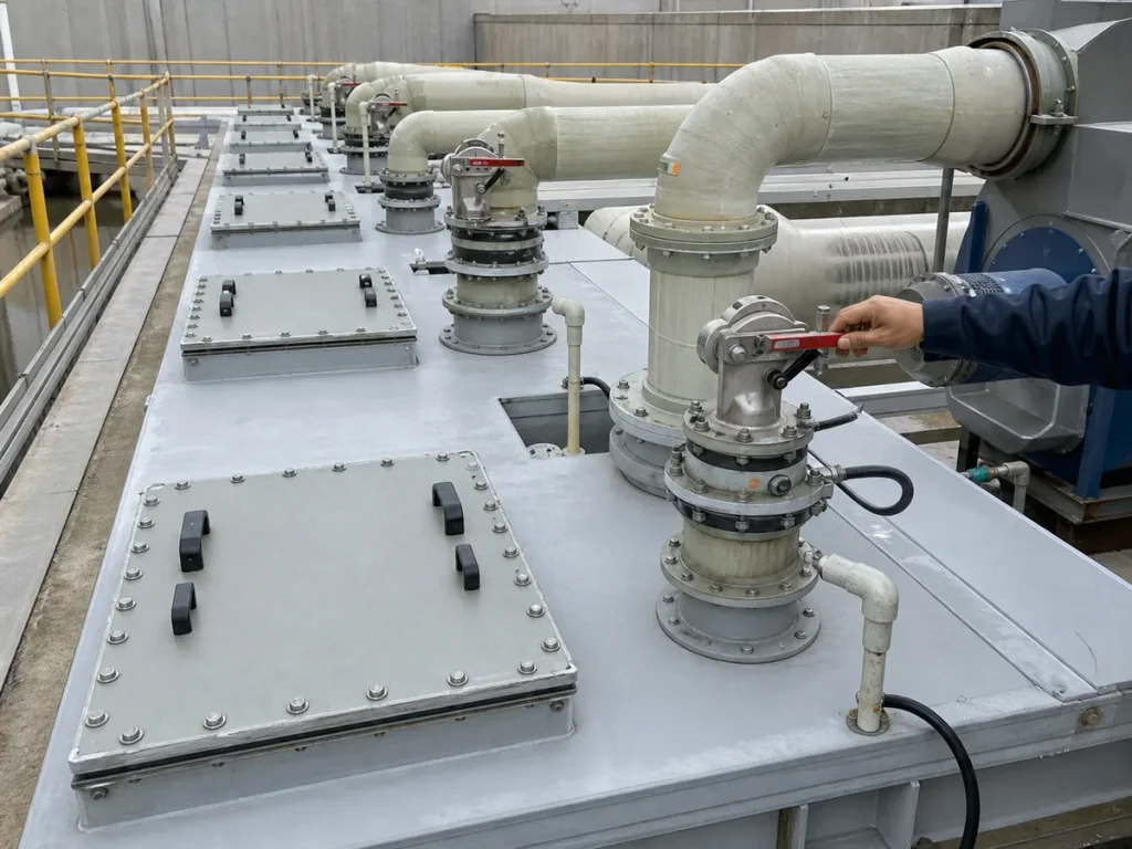 Close view of sealed wastewater tank covers, access hatches, FRP exhaust duct branches, dampers, condensate drains, and fan connection