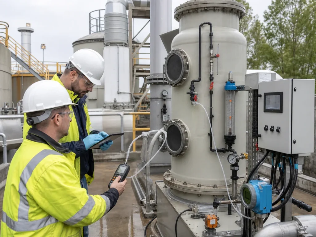 Engineers commissioning wastewater odor control equipment with scrubber vessel, polishing unit, airflow instruments, control panel, and portable H2S and VOC monitor
