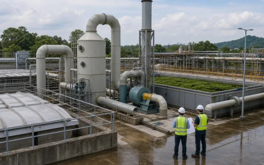 Industrial wastewater odor control system with covered tanks, FRP ductwork, packed-bed scrubber, biofilter, stack, fans, and engineers inspecting the site