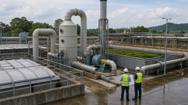 Industrial wastewater odor control system with covered tanks, FRP ductwork, packed-bed scrubber, biofilter, stack, fans, and engineers inspecting the site