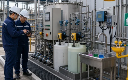 Industrial wastewater pH neutralization system with acid and caustic chemical tanks, dosing pumps, recirculation piping, pH instruments, containment curb, and engineers inspecting the system