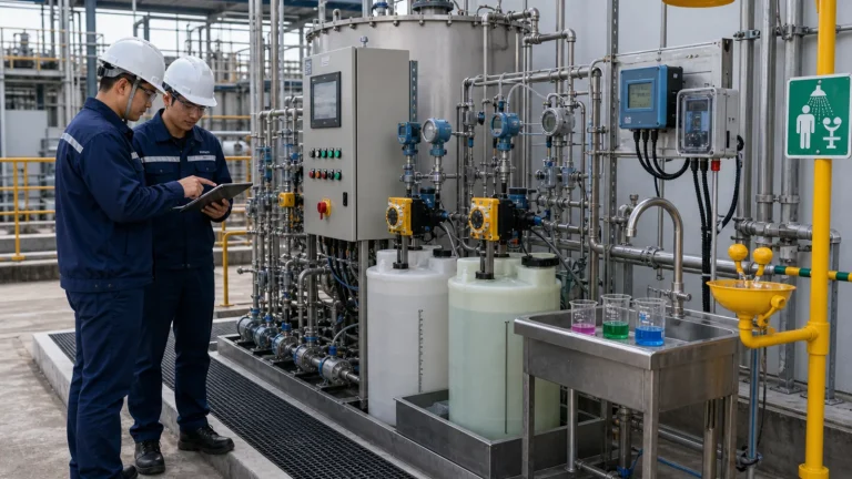 Industrial wastewater pH neutralization system with acid and caustic chemical tanks, dosing pumps, recirculation piping, pH instruments, containment curb, and engineers inspecting the system