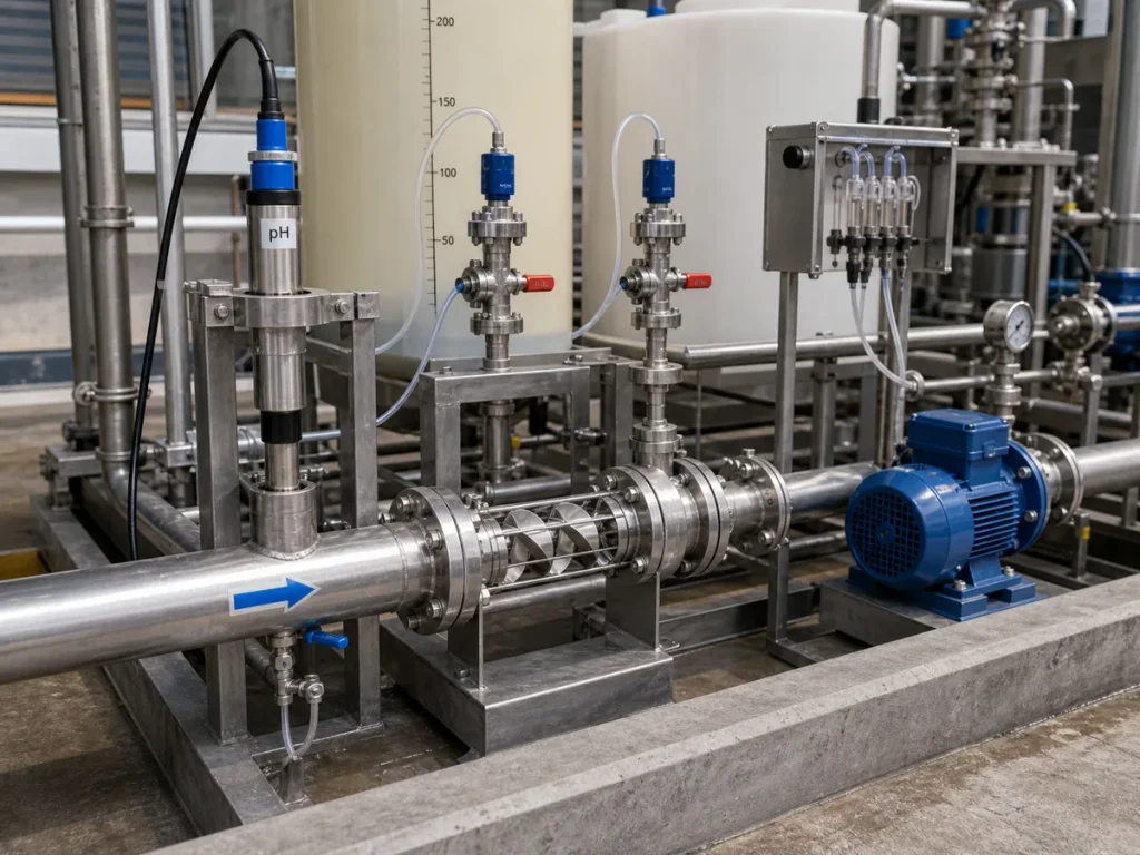 Close view of industrial wastewater pH probe, static mixer, acid and caustic injection points, recirculation pump, sample line, and containment curb