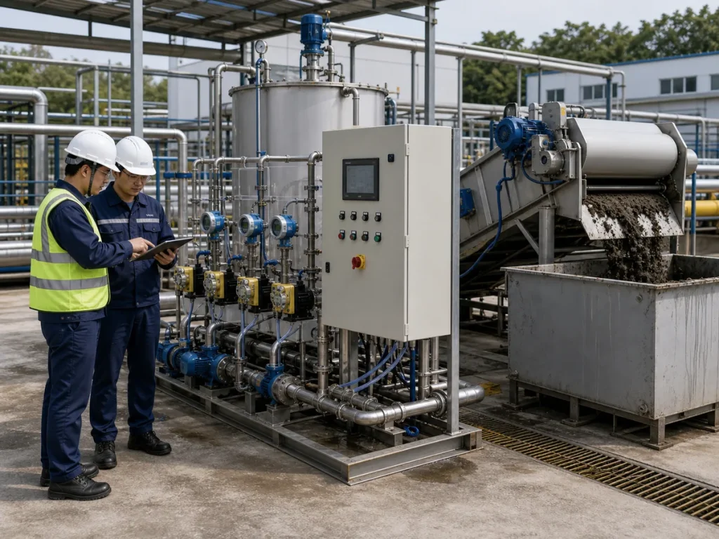 Engineers reviewing polymer preparation tank, dosing pumps, sludge feed pump, flow meters, pressure gauges, control cabinet, and dewatering equipment