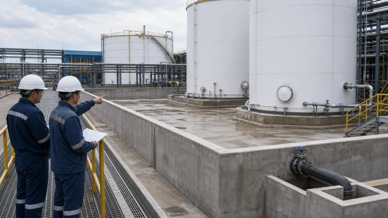 Industrial storage tanks inside a concrete secondary containment bund with graded drainage floor