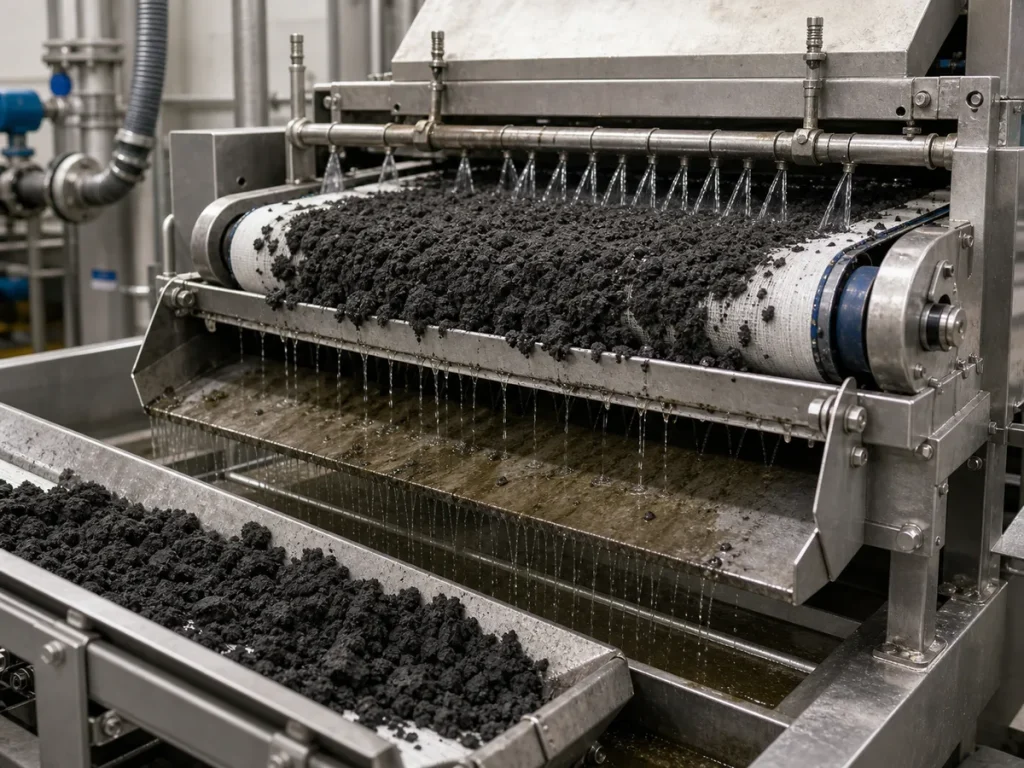 Close view of dewatered sludge cake leaving belt press or screw press equipment with filtrate drainage and stainless machine details