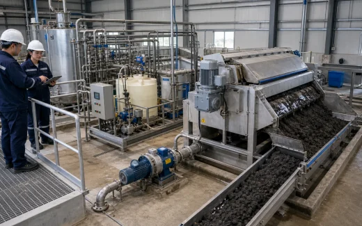 Industrial wastewater sludge dewatering system with screw press, polymer dosing skid, sludge feed piping, cake discharge bin, and engineers inspecting the equipment