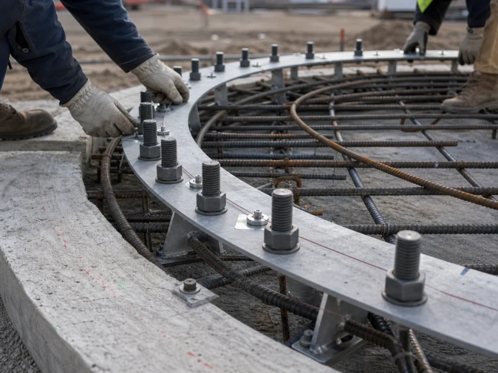 Anchor bolt template and reinforcement cage for a circular storage tank foundation