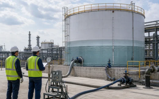 Industrial storage tank during hydrostatic testing with temporary test water piping and engineers reviewing the filling process