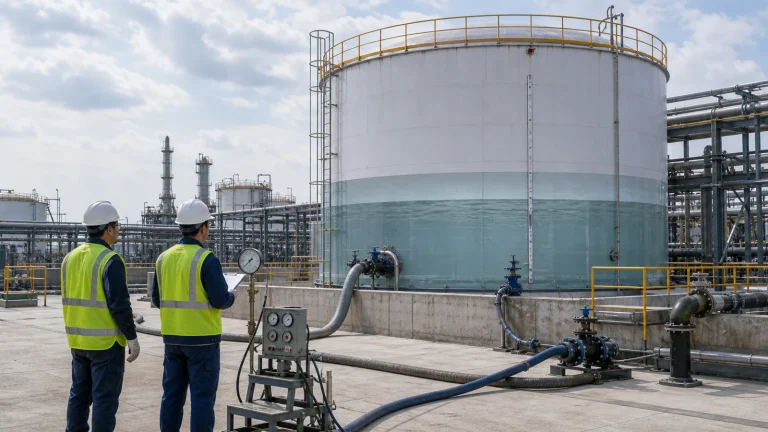 Industrial storage tank during hydrostatic testing with temporary test water piping and engineers reviewing the filling process