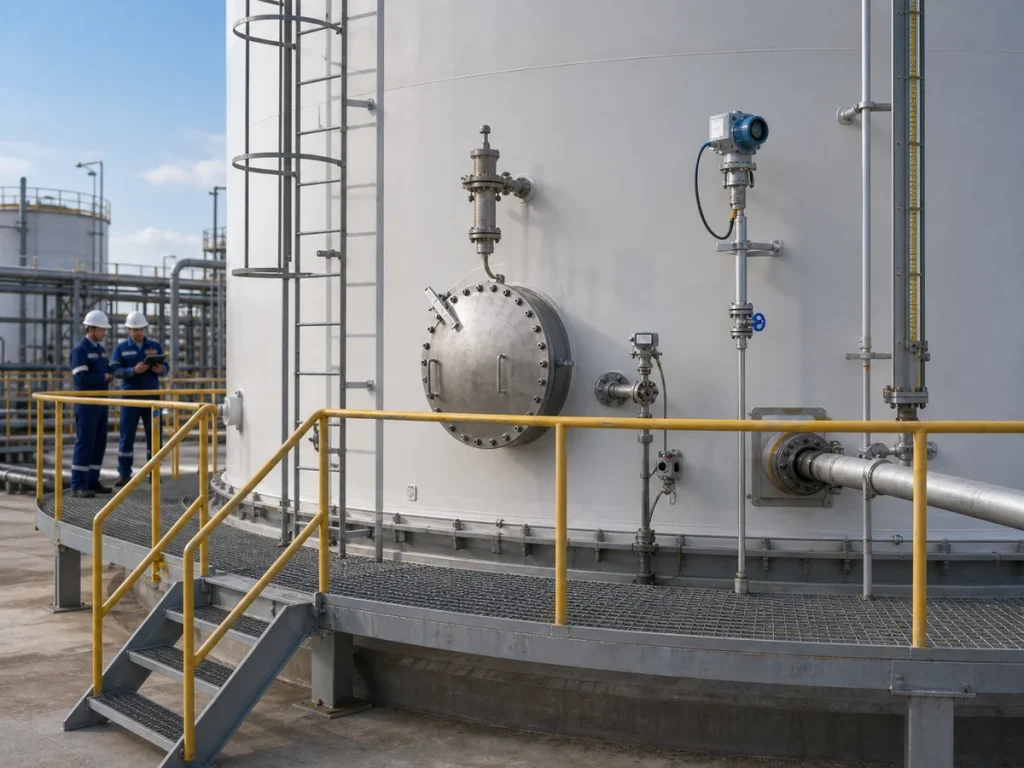 Storage tank access platform with manway, instrument connections, level device, ladder, and safe maintenance clearance