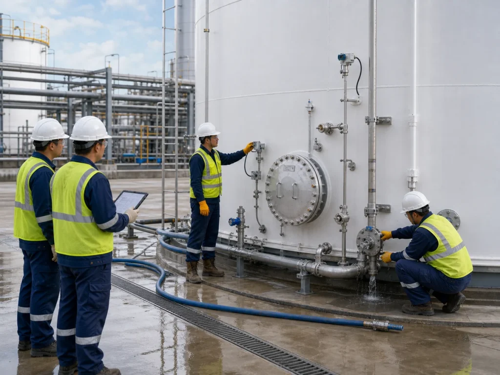 Operators inspecting valves, nozzles, vents, gaskets, and instruments after industrial storage tank hydrostatic testing