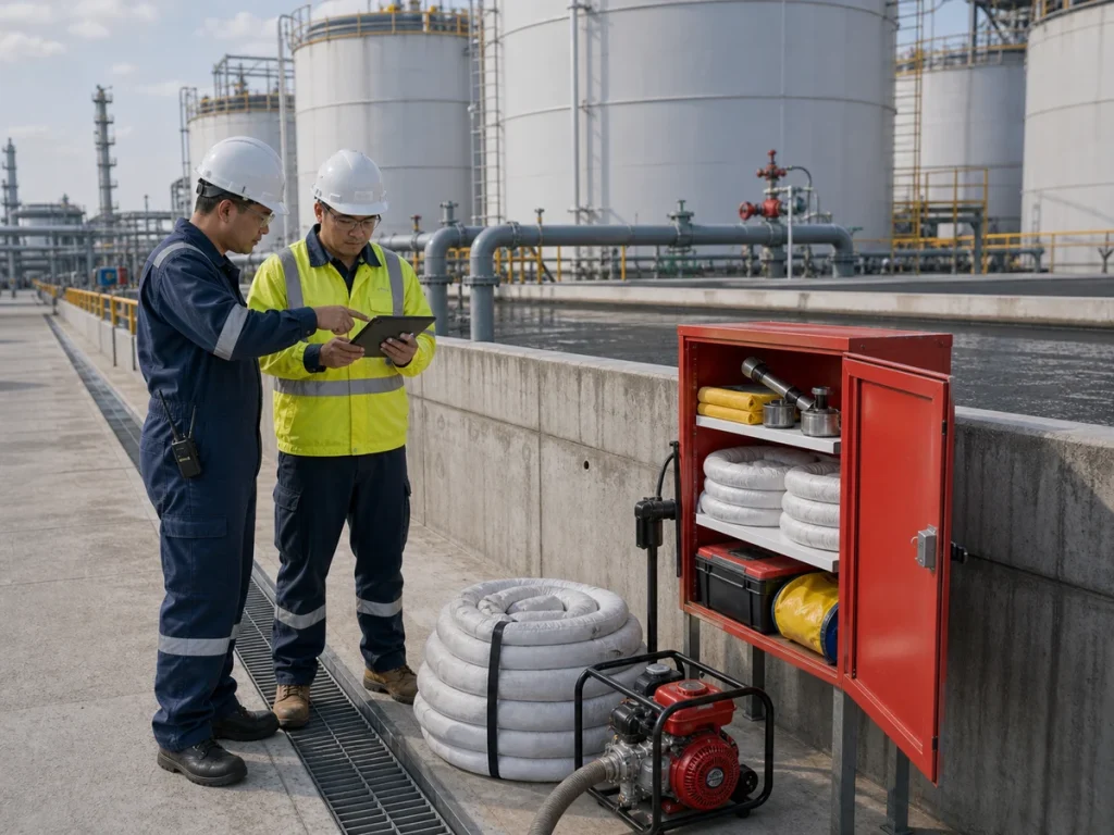 Operators checking secondary containment and spill response equipment beside an industrial storage tank area