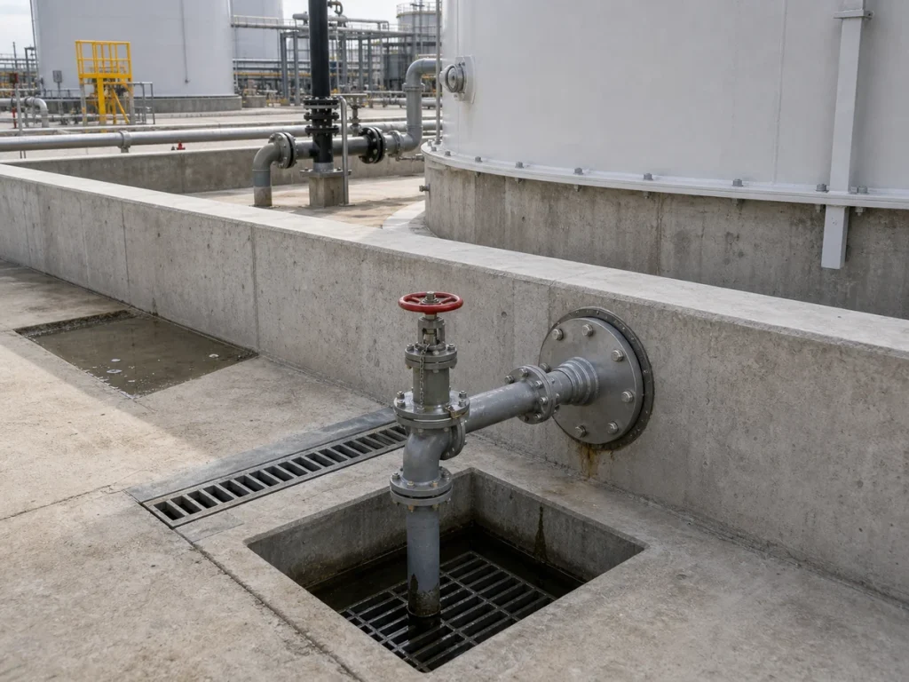 Drainage channel, sump pit, valve, and pipe penetration detail in a tank farm containment area