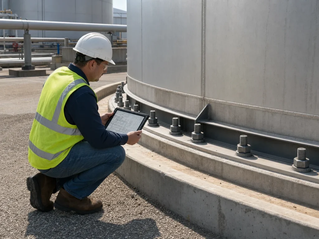 Engineer checking storage tank foundation ring and anchor bolts with a tablet