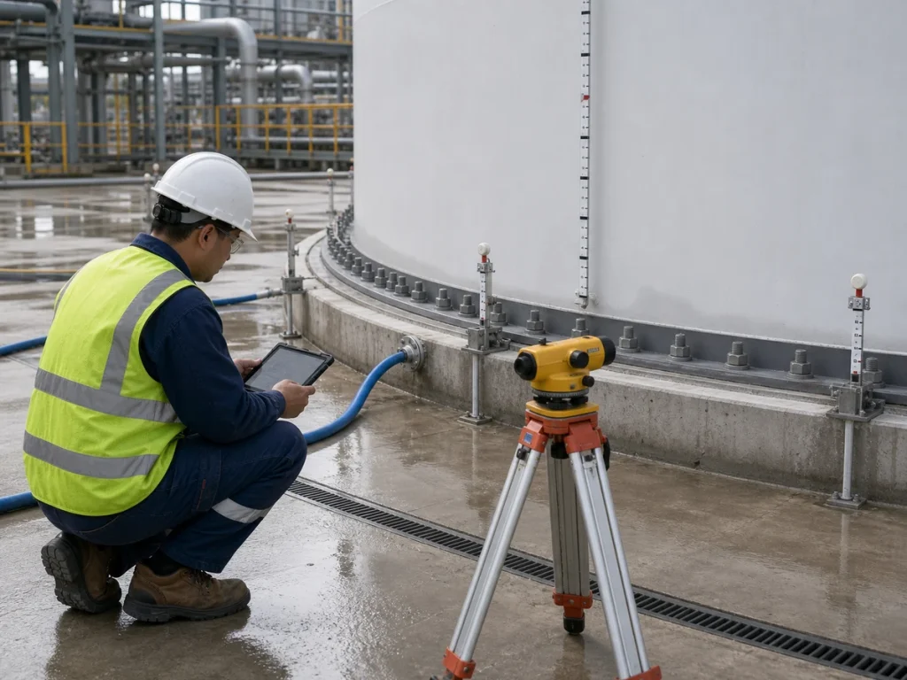 Engineer using survey equipment to monitor storage tank foundation settlement during hydrostatic testing