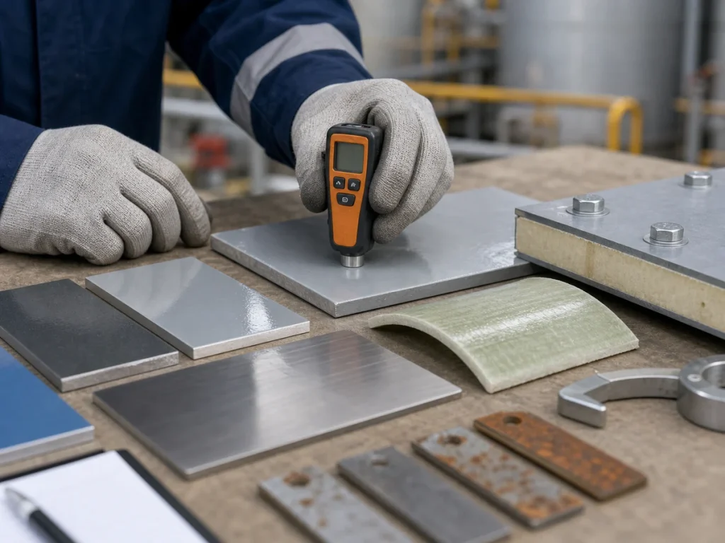 Coated steel, stainless steel, FRP, and bolted panel samples being reviewed with an inspection gauge