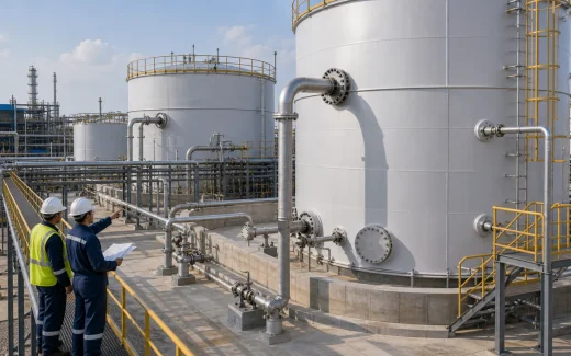 Industrial storage tank nozzles, pipe racks, pipe supports, and access platform being reviewed by engineers
