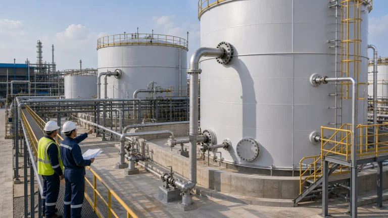 Industrial storage tank nozzles, pipe racks, pipe supports, and access platform being reviewed by engineers