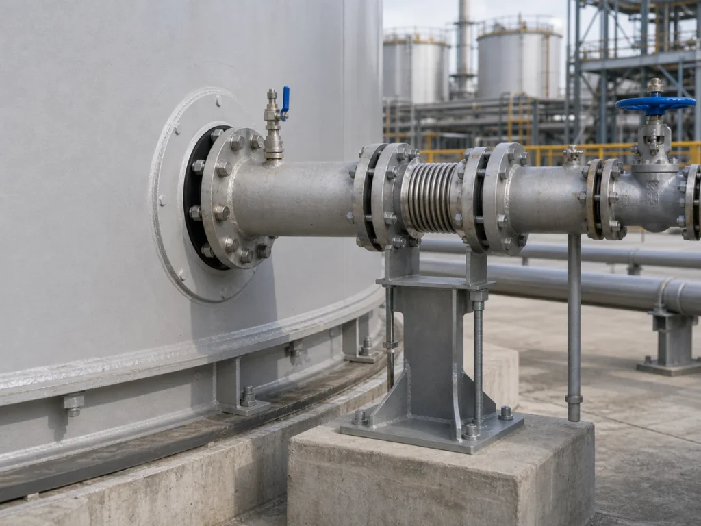 Flanged tank nozzle with nearby pipe support and flexible connection to reduce nozzle loading