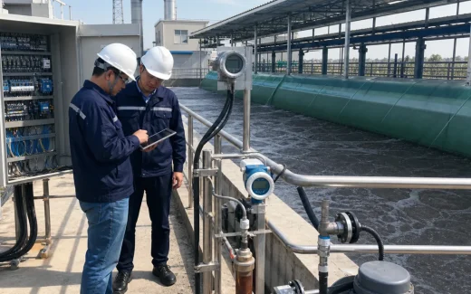 Industrial wastewater equalization tank with mixing turbulence, access walkway, pipework, and engineers inspecting the basin