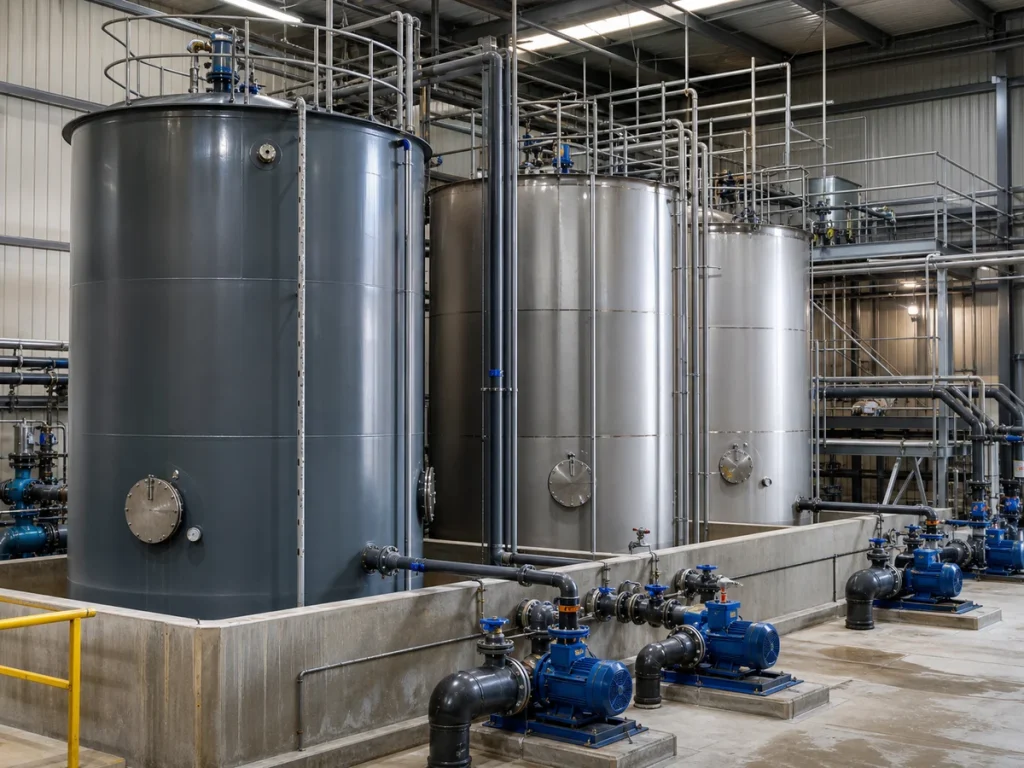 Industrial wastewater process storage tanks connected to pumps and pipework