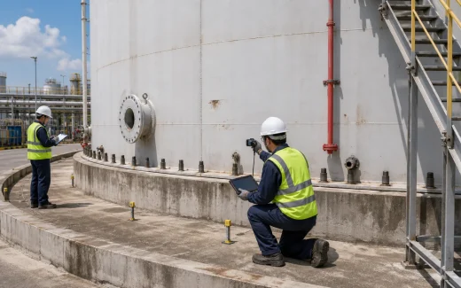 Inspection crew checking an above-ground steel storage tank shell, concrete ring foundation, nozzles, coating condition, access stairway, containment paving, and inspection points around the tank perimeter