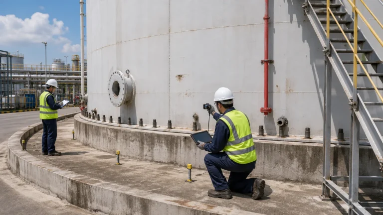 Inspection crew checking an above-ground steel storage tank shell, concrete ring foundation, nozzles, coating condition, access stairway, containment paving, and inspection points around the tank perimeter