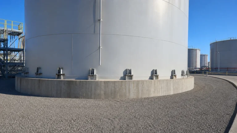 Large above-ground steel storage tank on a reinforced concrete ringwall with accessible anchor chairs and anchor bolts around the shell perimeter