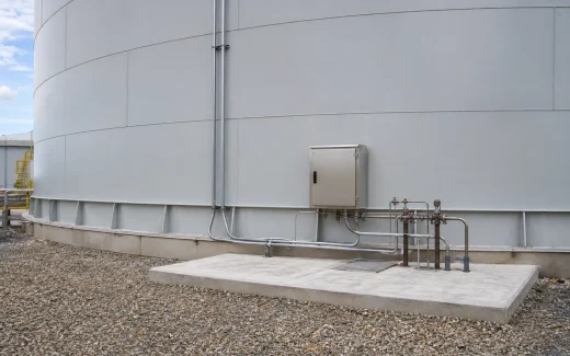 Above-ground steel storage tank on an engineered foundation with a weatherproof leak detection monitoring cabinet and accessible test piping near the ringwall