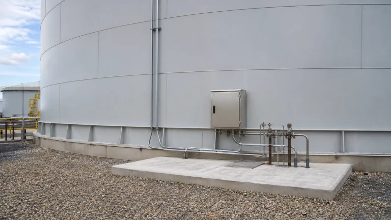 Above-ground steel storage tank on an engineered foundation with a weatherproof leak detection monitoring cabinet and accessible test piping near the ringwall